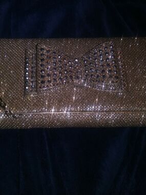 Crystal Bow Evening Clutch Wristlet in Gold